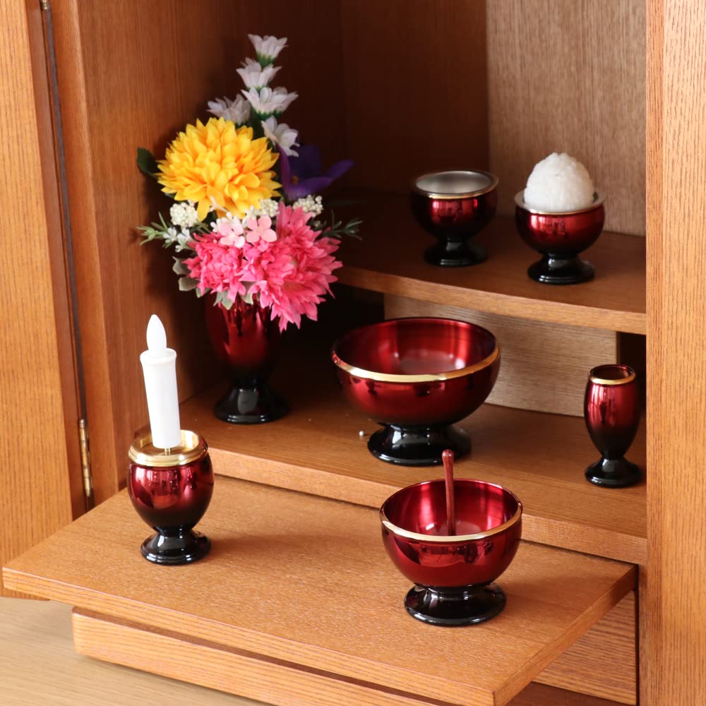 Buddhist Altar Set [Ryusei 3.0 Inch Buddhist Altar Set of 6 + Ryusei Bell 2.3 Inch] Brass, Stylish Bell Included, Wine