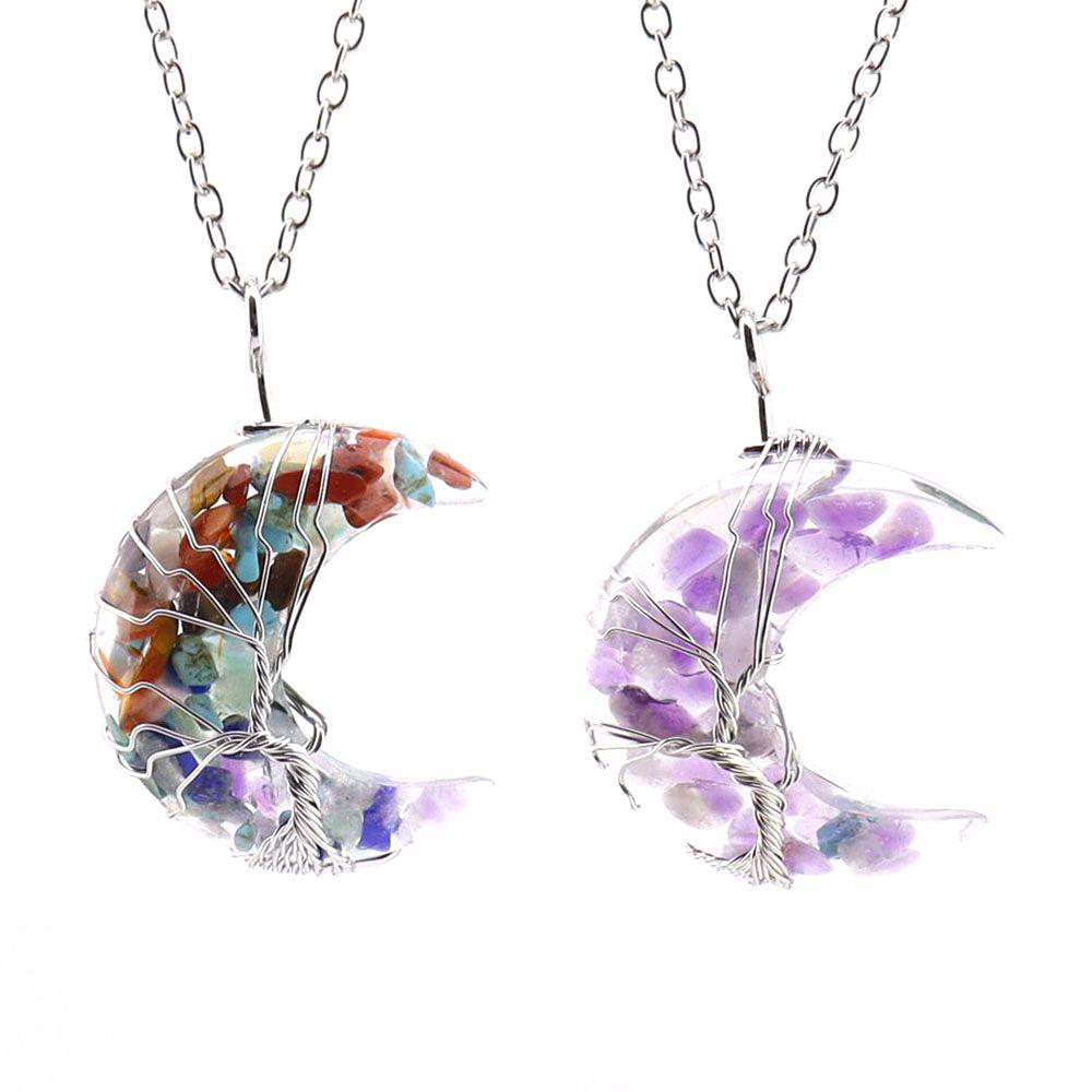 Chakela Crescent Moon Tree of Life Necklace with Natural Crystal Stones