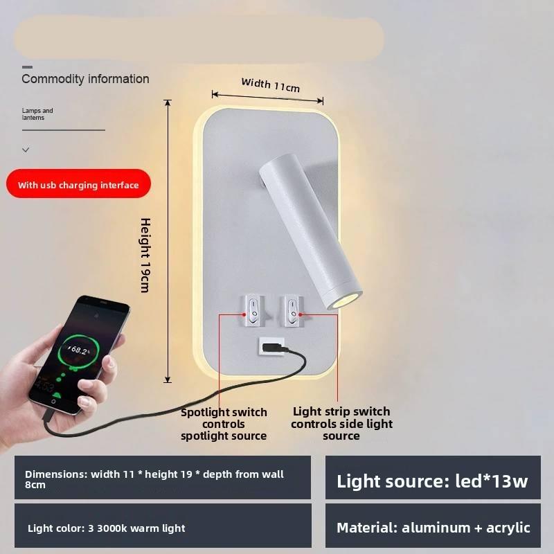 Rotation Usb Charging Adjustable Wall Lamp Bedside Study Reading Lamp Sconce