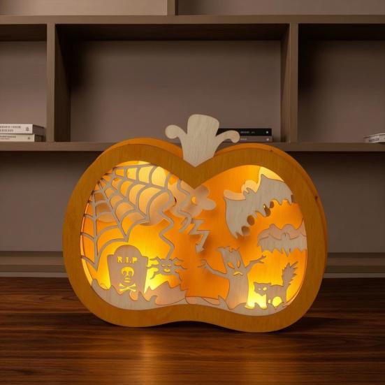 Yousheng Halloween Wooden Lighted Pumpkin for Tabletop, Spooky Pumpkin Lantern Shadow Box for Halloween Party, Dinning, Coffee Table Decoration