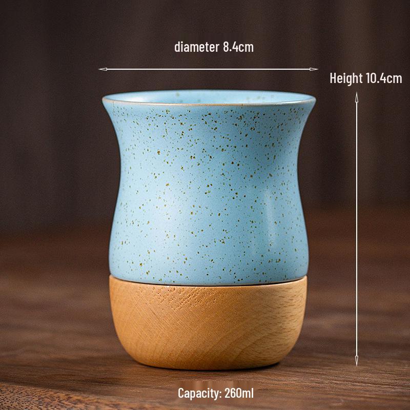 Vintage Coarse Pottery Ceramic Espresso Cup with Wooden Base, Personal Water & Tea Mug for Office