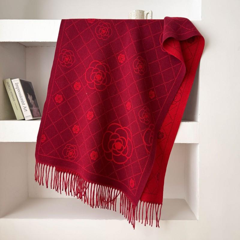Double-Sided Jacquard Wool Blend Shawl With Camellia Motif Women Winter Warm Fashion Wrap Scarf