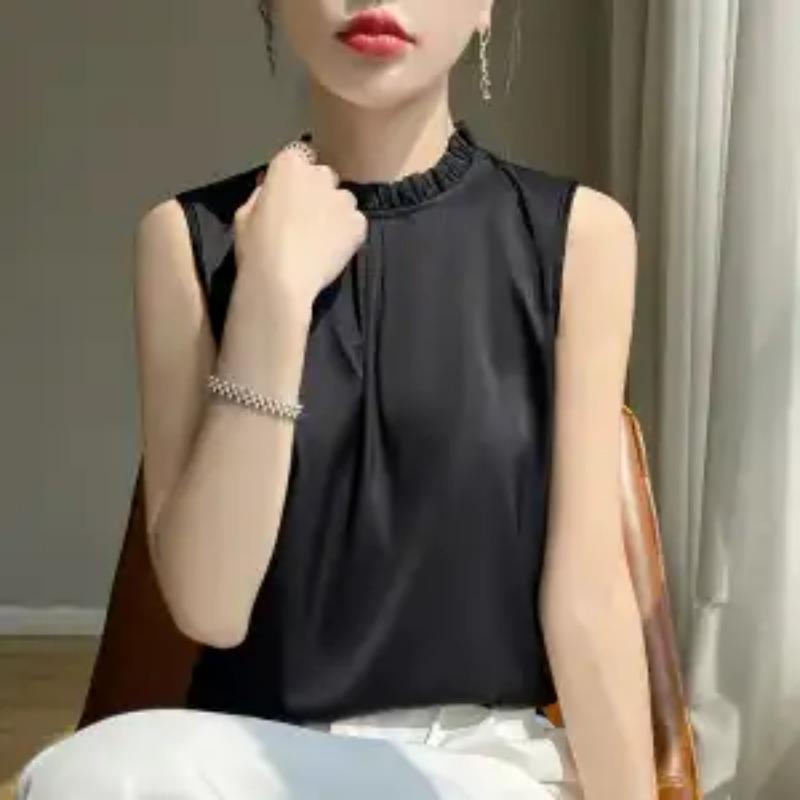 Sleeveless Blouse Ruffled Mandarin Collar Satin Tank Top