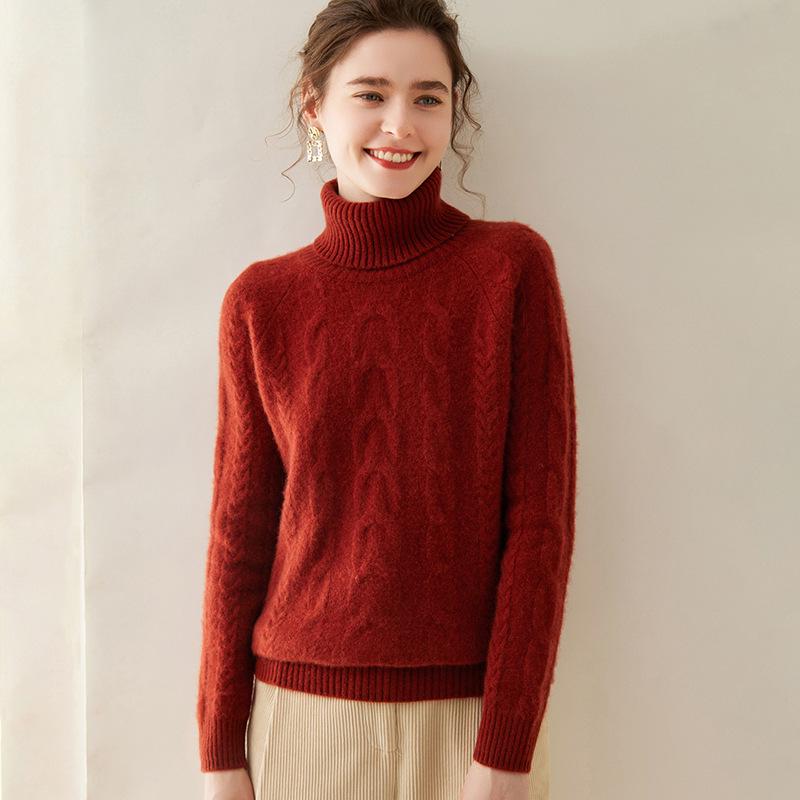 Women's High Neck Cable Knit Cashmere Sweater, Slimming Long Sleeve Thick Pullover for Autumn and Winter