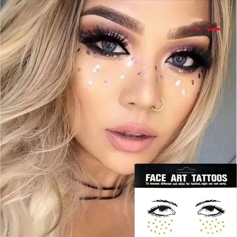 Gold Glitter Tattoo Stickers for Face Makeup Metallic Moon Stars Waterproof Temporary Freckle Tattoos for Women Eyebrow Party