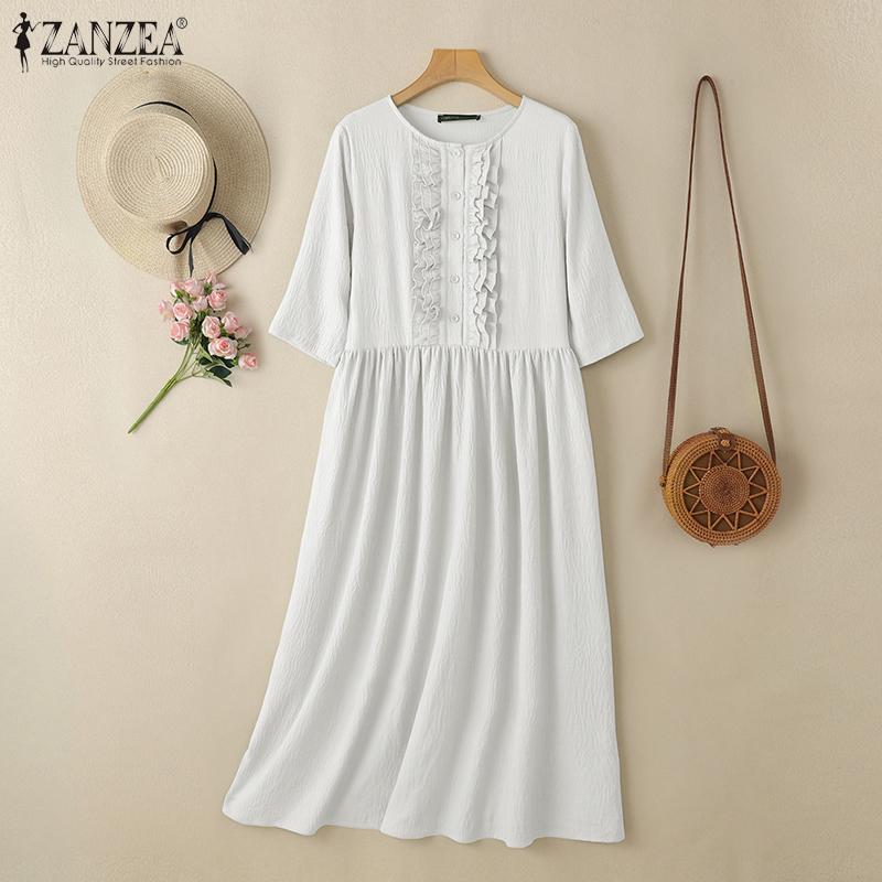 ZANZEA Women Casual Round Neck Summer Solid Color Short Sleeve Dress