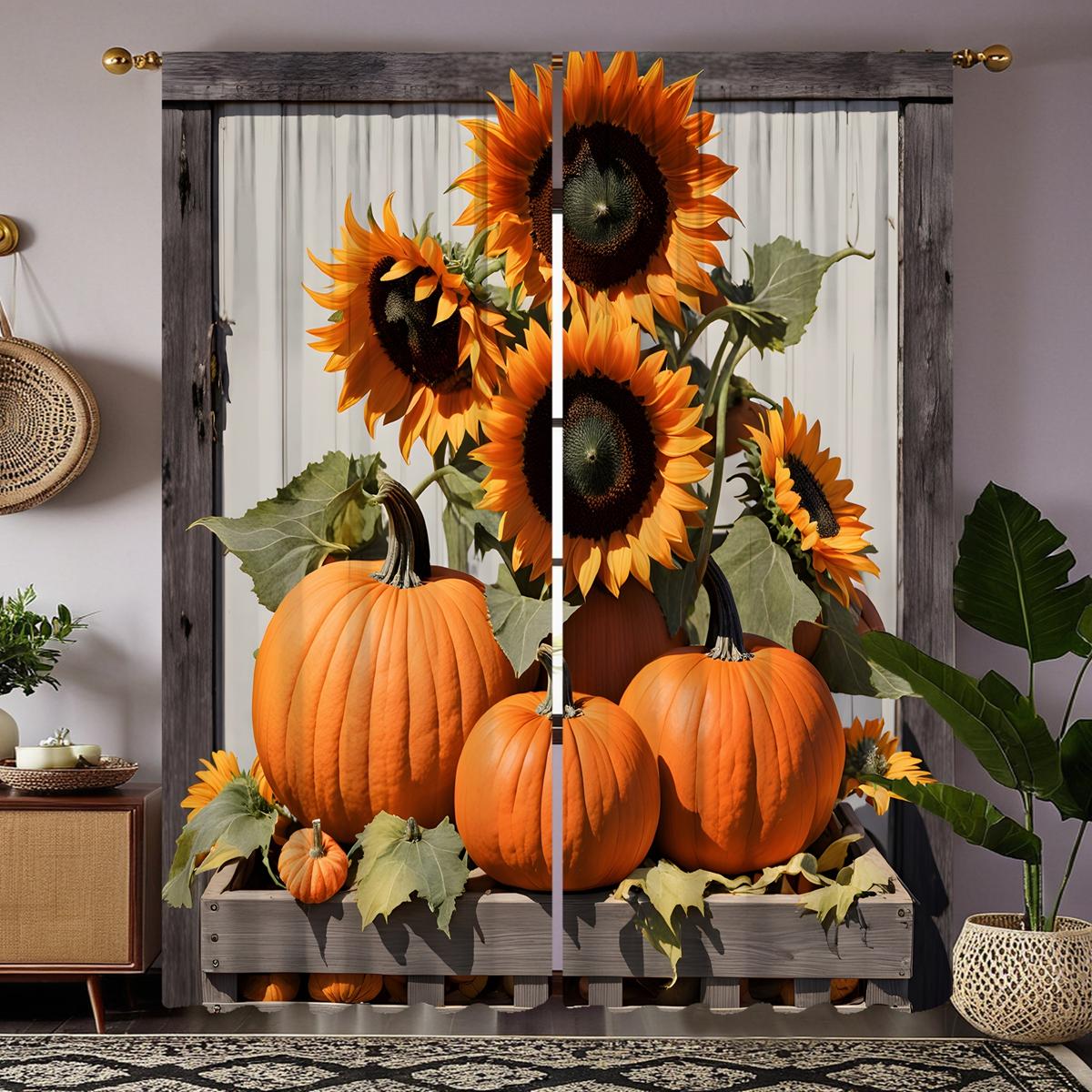 

2 шт. HD Праздник урожая Подсолнух Тыква занавеска Желтая галстук цифровая печать занавеска Домашний декор стиль Украсьте гостиную б W52H63inchW132H160cm
