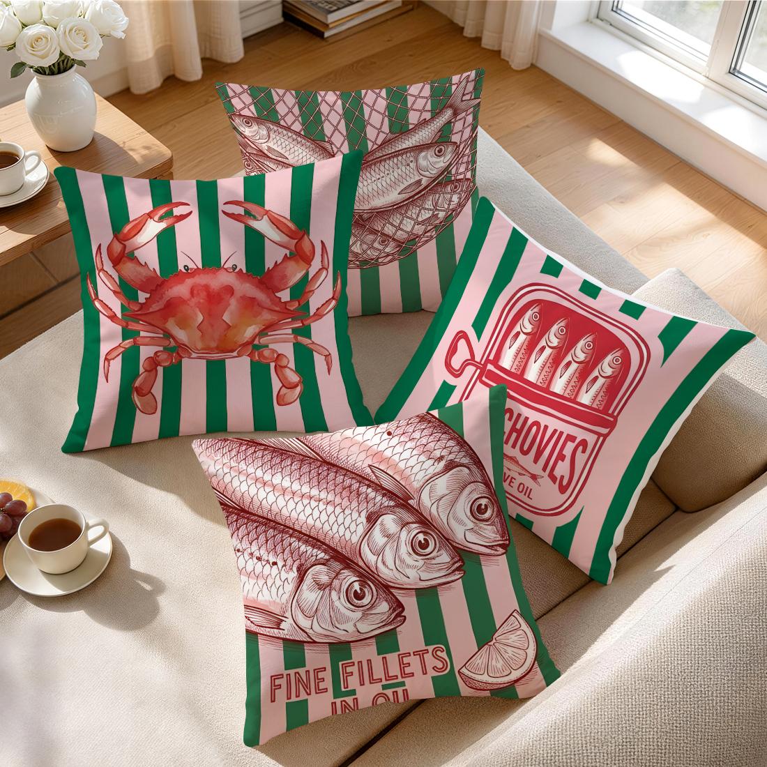 Jmg Clothing Unisex Pink/Green Striped Sea Life Pattern Cushions Pillowcase Polyester Cushion Cover Throw Pillow Pillowcover Home Car Sofa Decor