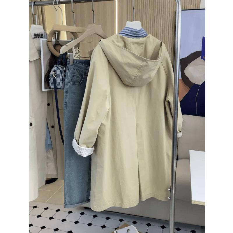 Niche Mid-length Trendy Windbreaker for Women's Winter Hooded Loose Khaki Versatile Jacket