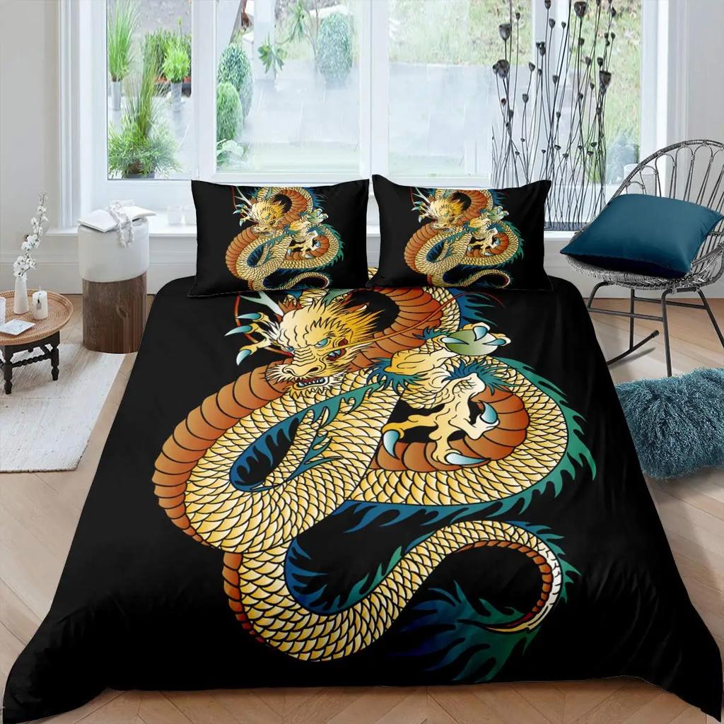 Red Base Black Dragon Print Duvet Cover Set Chinese Dragon Pattern Bedding Sets Full Size Microfiber 2/3 Pieces Comforter Sets