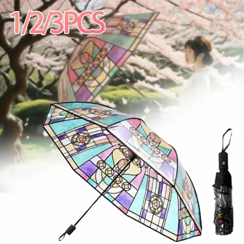 Hand-Painted Transparent Umbrellas Stained Glass Print  Long Handle Romantic Unisex Rain Sun Protection Parasol