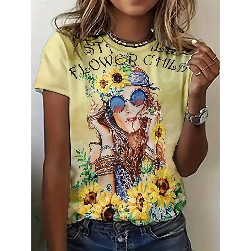 Women s T Shirt Summer Tops Print Graphic Sunflower Short Sleeve Crew Neck Crop Tops Summer S