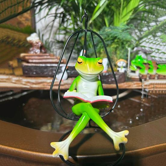 Yousheng Hammock Chair Reading Frog Statue Cartoon Green Frog Figurine Resin Miniature Animal Sculpture Indoor Outdoor Garden Decoration Ornament