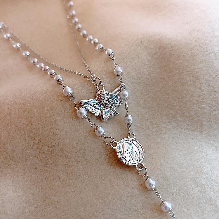 Simple Light Luxury Multi-Layer Cross Virgin Angel Round Brand Pearl Cross Collar Sweater Chain Necklace