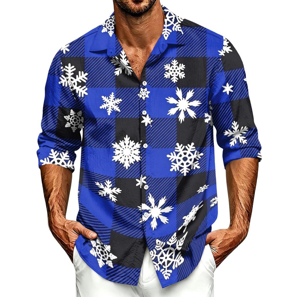Men's Casual Long Sleeve Christmas Print Shirt for Spring and Fall