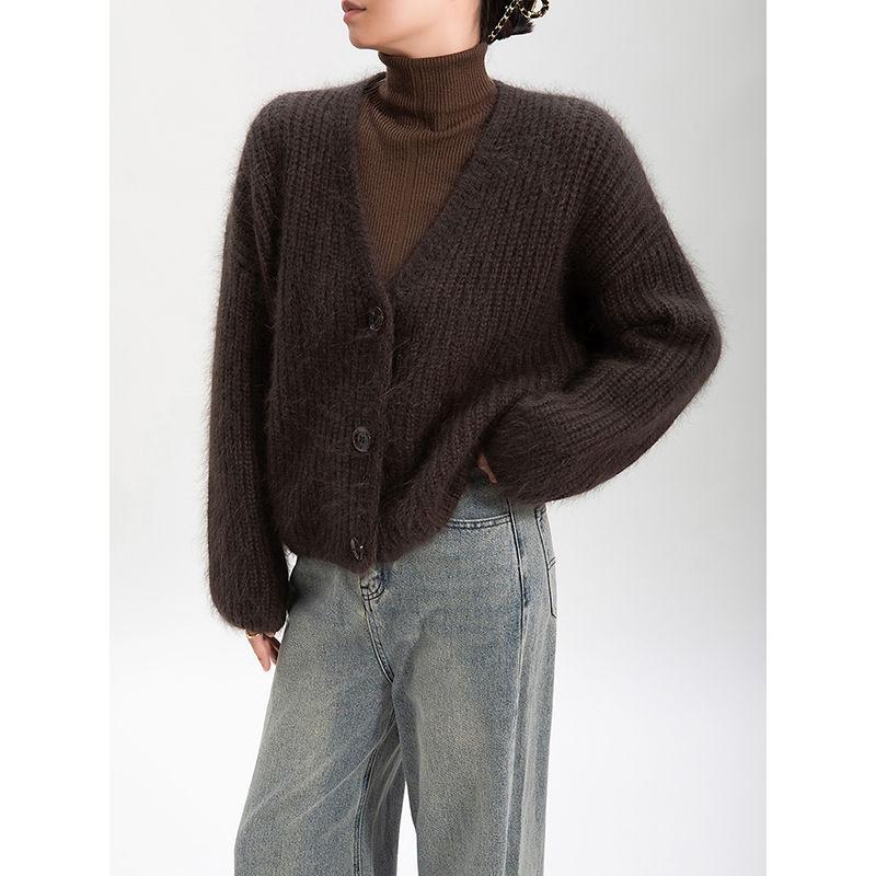 European & American Style Purple Faux Mink Velvet V-Neck Long-Sleeve Knitted Cardigan Sweater