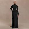 Women High Neck Long Sleeve Bodycon Maxi Dress with Side Drapery Solid Color Elegant Gown
