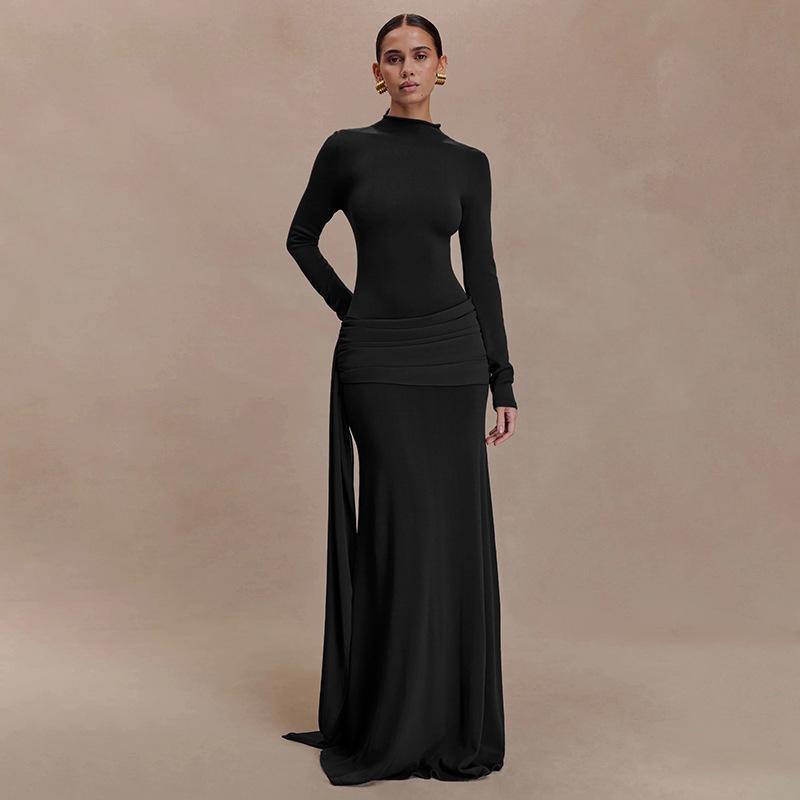 Women High Neck Long Sleeve Bodycon Maxi Dress with Side Drapery Solid Color Elegant Gown
