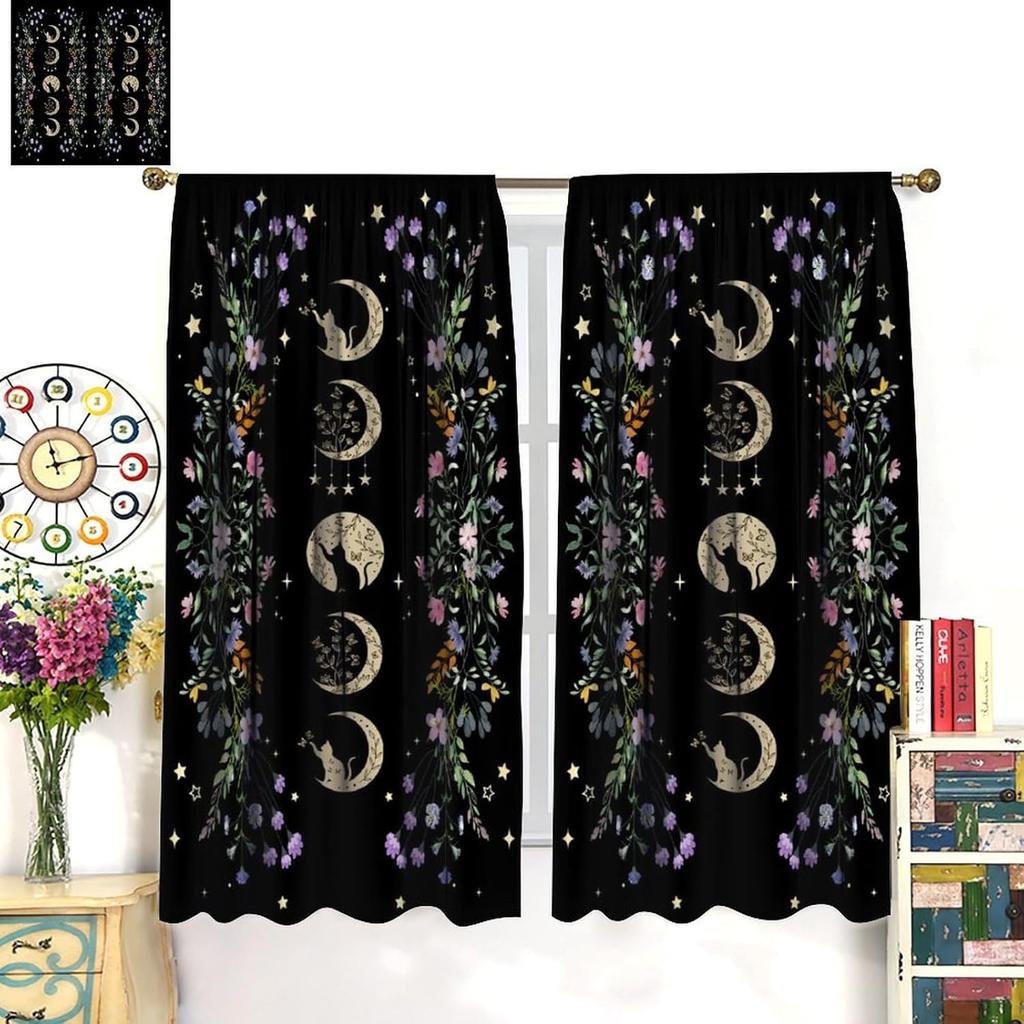 Bohemian Moon Flower Bedroom Curtains Phase Black Cat Natural Plant Moonlight Print Living Room Drapes Panels Se Curtain Polyester Ideal For Sitting