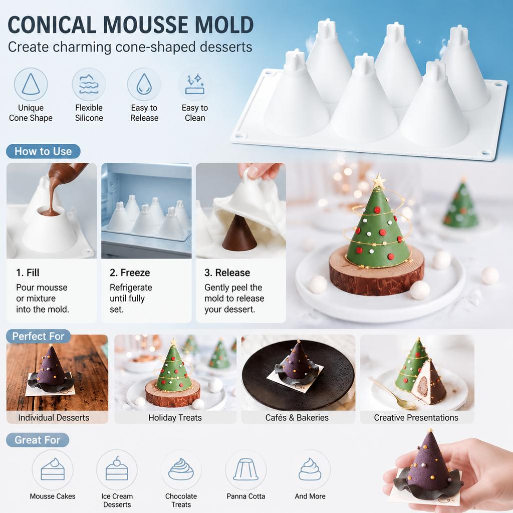 3D Christmas Tree Cone Silicone Mousse Cake Mold for Holiday Desserts, Baking and Frozen Treats