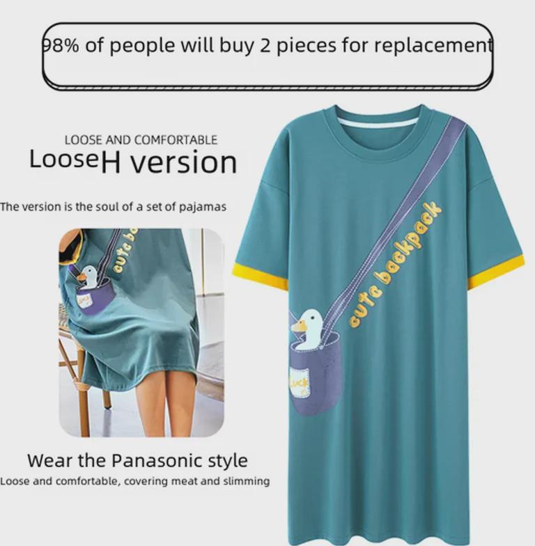 Süßes Sommernachthemd aus Baumwolle mit Cartoon-Motiv für Damen – Kurzarm, lockere Passform, koreanischer Stil, mittellanger Rock
