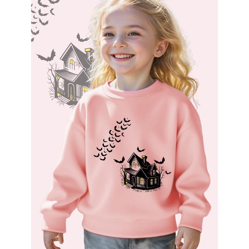Kids Crewneck Sweatshirt, Cute Halloween Haunted House Flying Bats Graphic Print