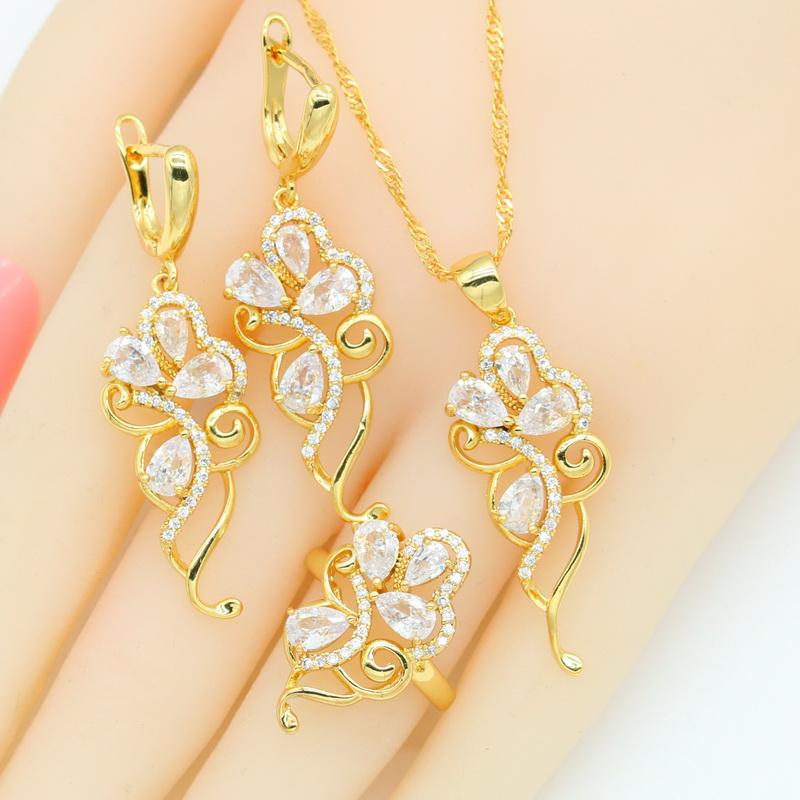 Set di gioielli in zirconia viola color oro per donna Orecchini Collana Ciondolo Anelli Scatola Regalo Colori Nero Bianco Blu