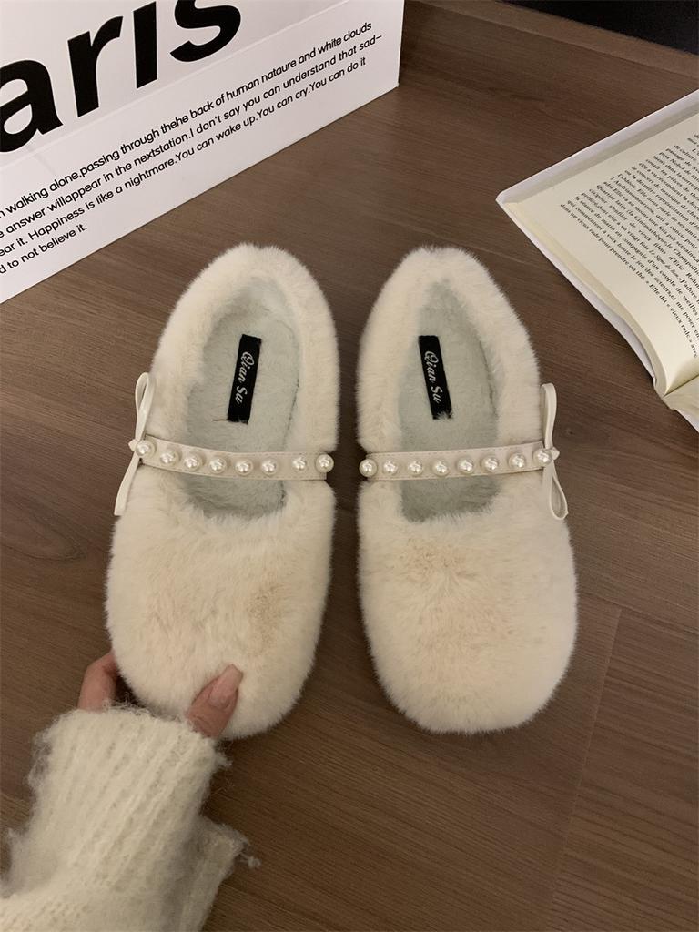 fashion Women's Wool Shoes Cross Fluffy Casual Concise Warm Short Plush Flats 2024 Fashion Diamond Pearl Accessories Lazy Shoes Winter