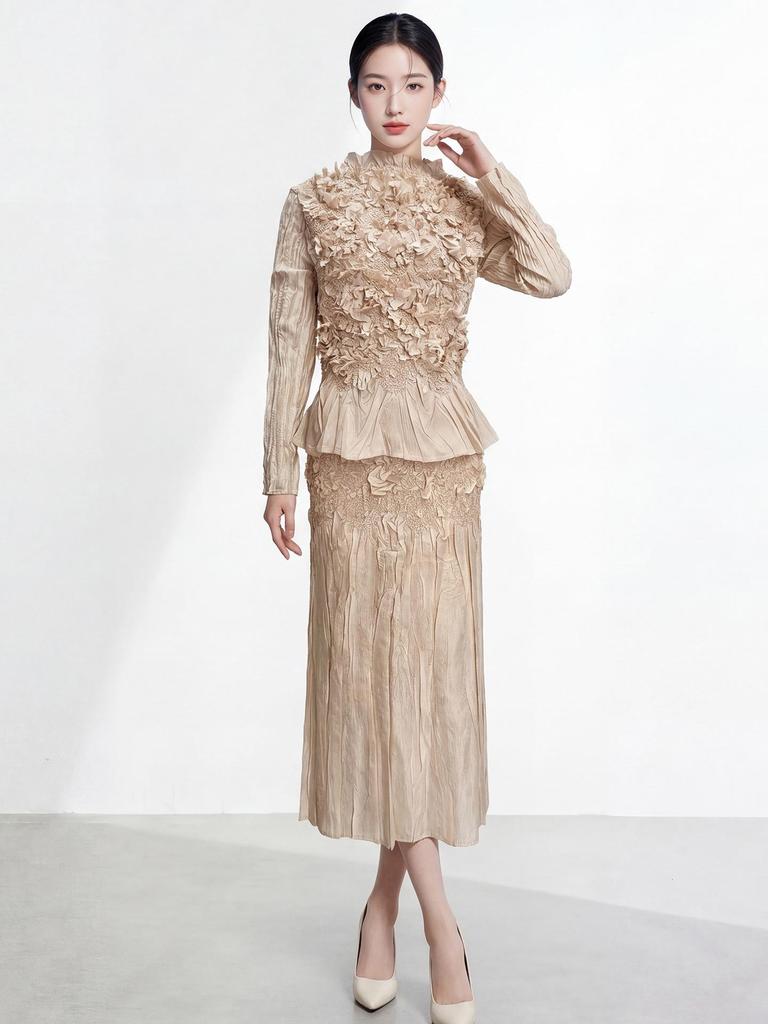 2026 Spring Women's Embroidered Pleated Skirt Suit - High-End Miyake Style