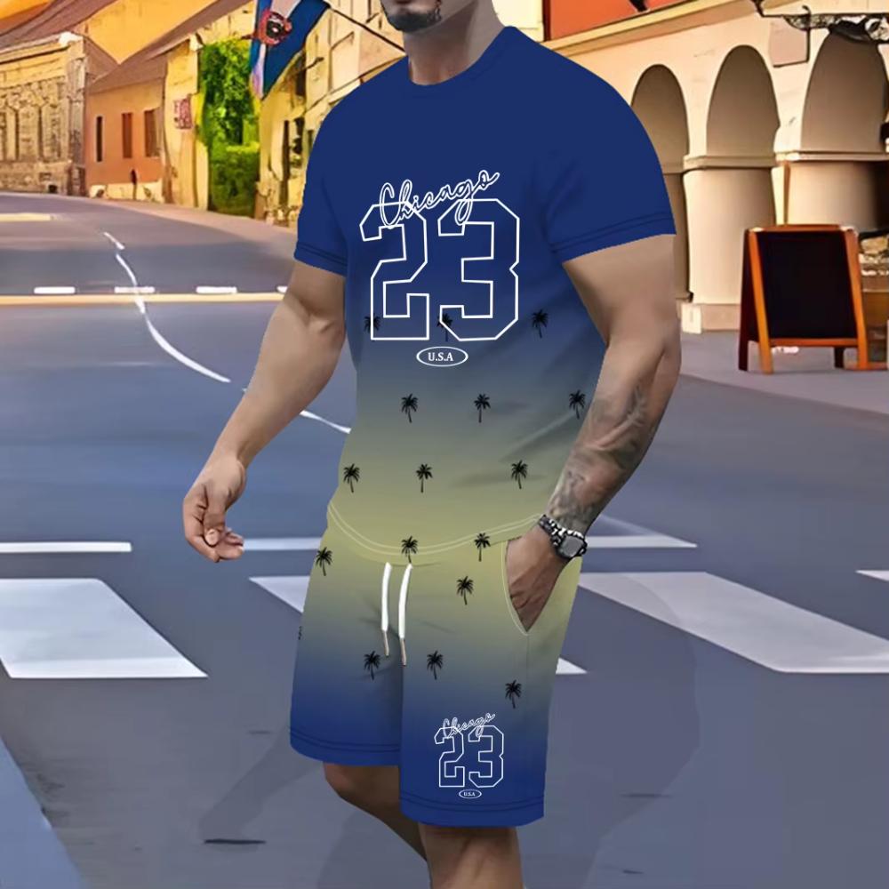 

Men s Sports Suit Casual 2025 New 3D Printing Gradual Change Sleeve Elastic Waist Suitable for Outdoor Sports With Pockets S