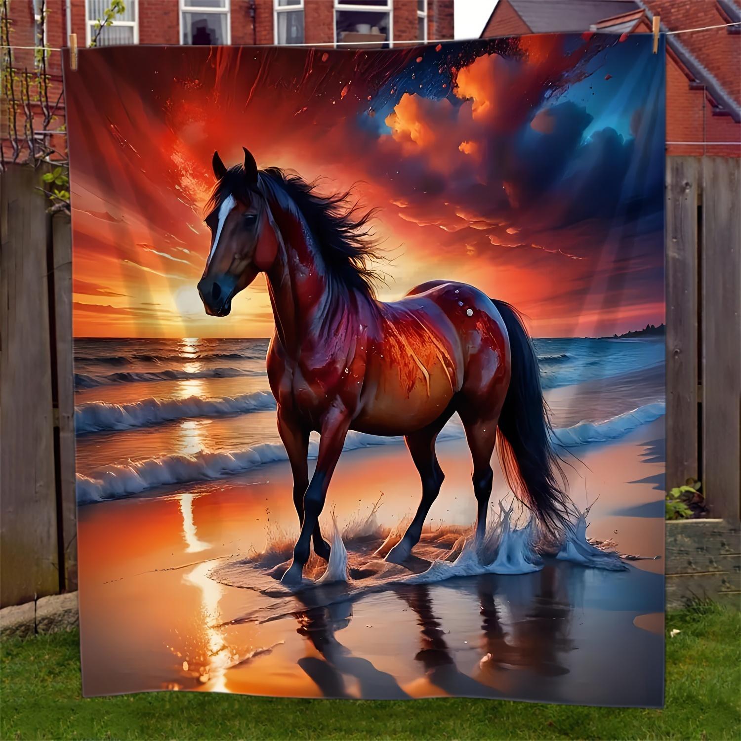 

Coastal Horse Print Fleece Blanket, Soft Knit All Season Throw, Animal Theme Machine Washable, Polyester Multi Use Decor 75x90cm