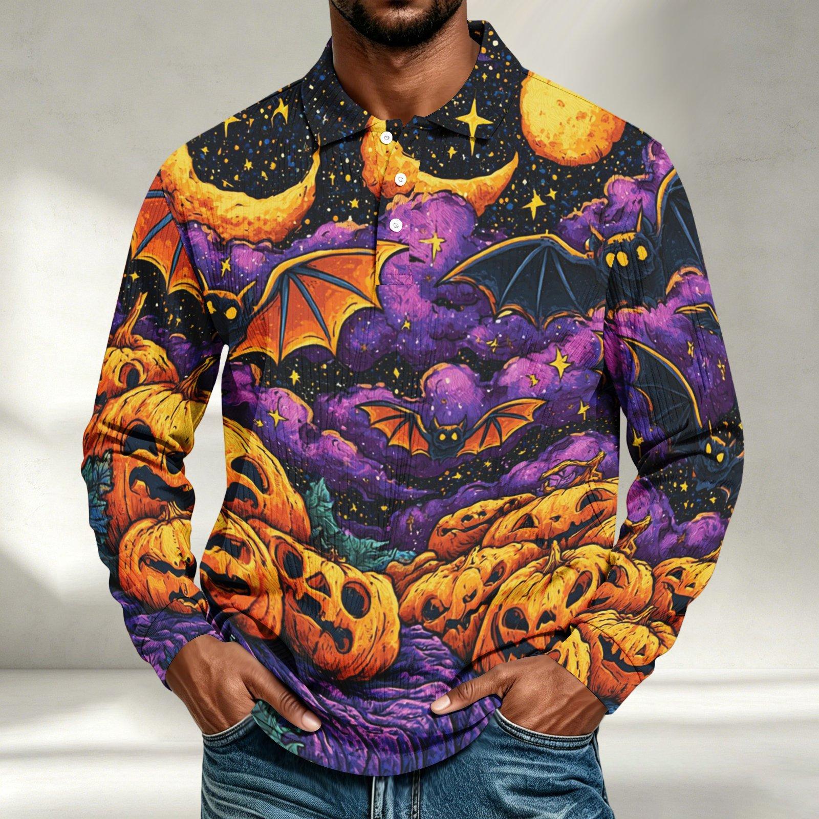 Men s Casual Halloween Printed Long Sleeve Shirt Loose Fit Top M