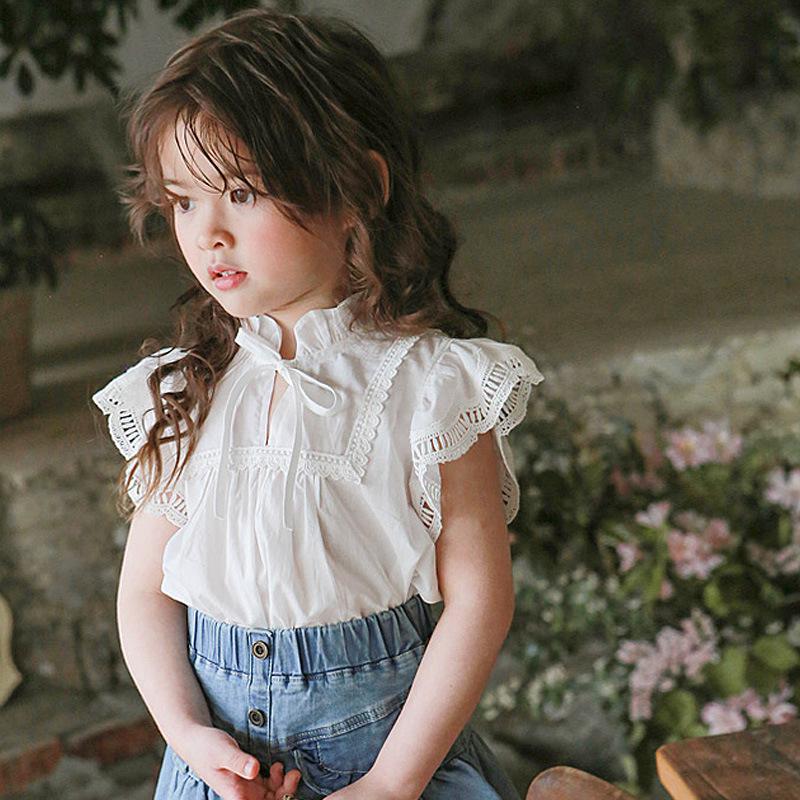 Girls Summer Mullet Neck Thin Embroidered Lace Shirt Middle Child Solid Color Standing Collar Breathable Comfortable T-Shirt