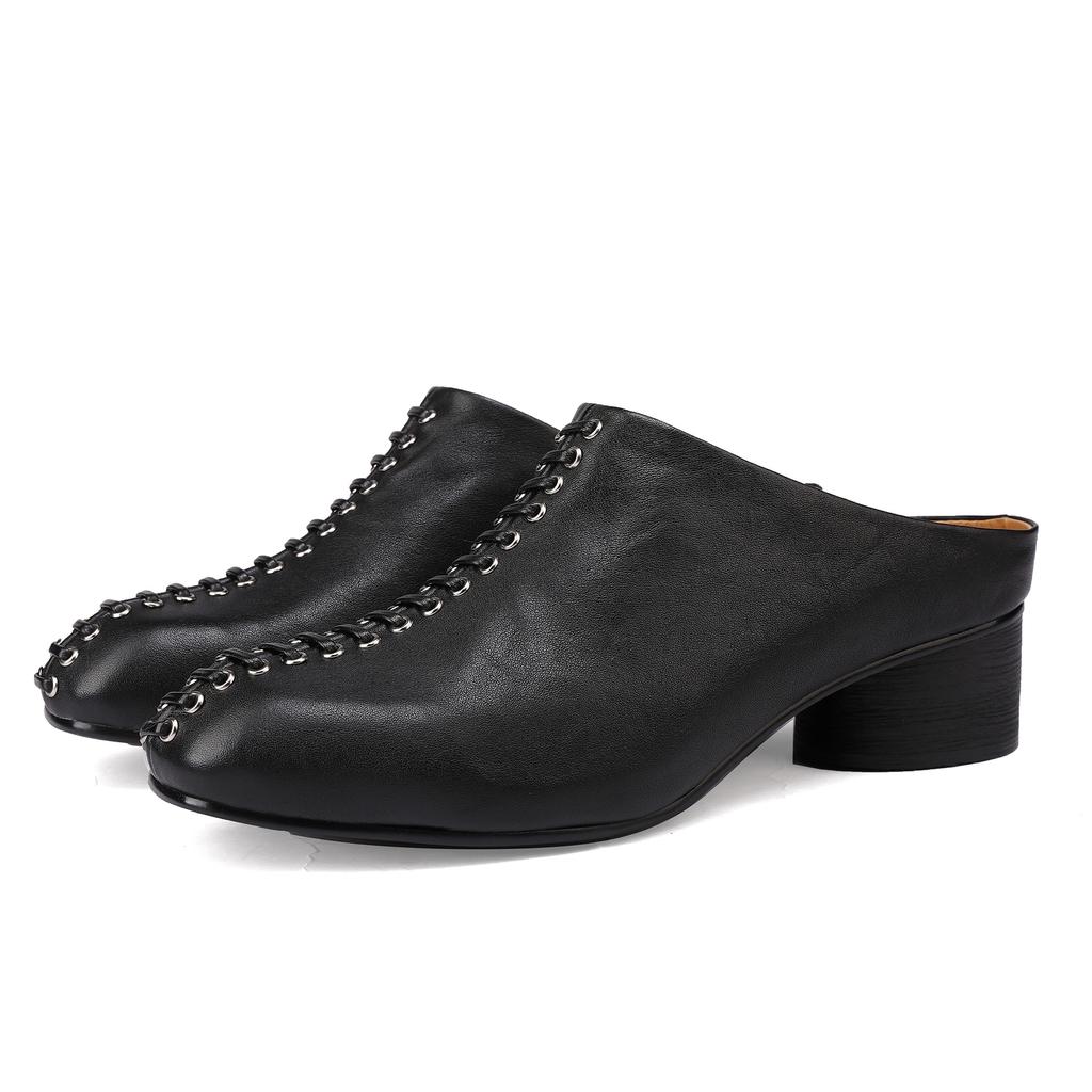Johnature Ciabatte Moda in Vera Pelle con Tacco Grosso Punta Tonda Comode Suola Morbida Scarpe Slip-on da Donna