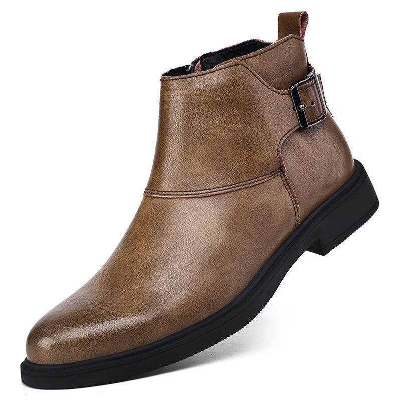 Men s Large Size Retro Business Casual Leather Boots - Autumn/Winter Round Toe with Buckle and Velcro Closure. 44