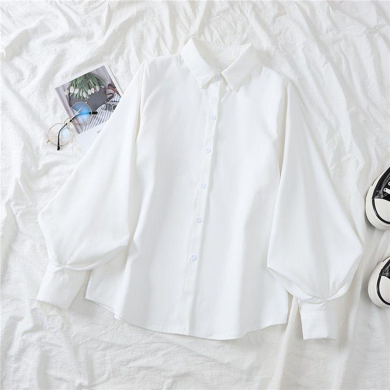 

White Niche Loose Long Sleeves Lapel Slimming Shirt White XL