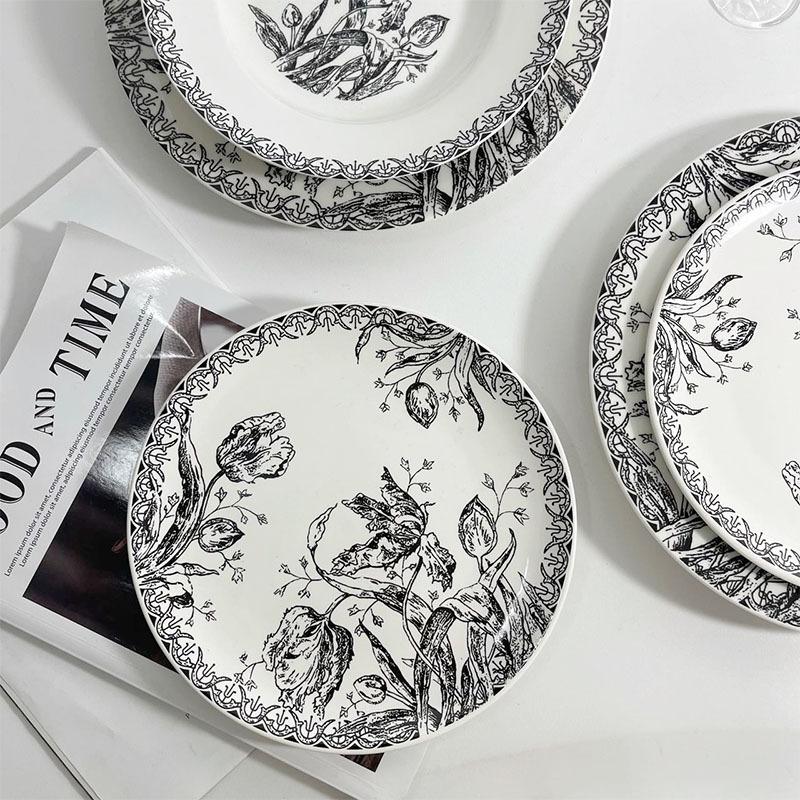 Spot Premium French Black Tulip Flower Ceramic Plate Art Western Food Soup Plate Cup Plate Hand Painted Dessert Steak Dining