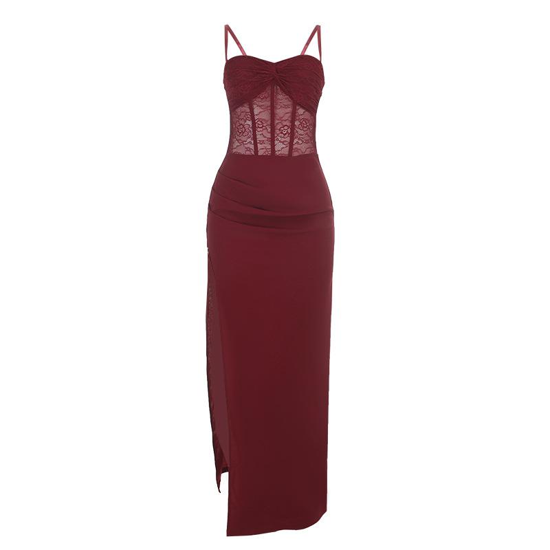 European and American style burgundy lace suspender dress dress, female, waist split fork long evening dress