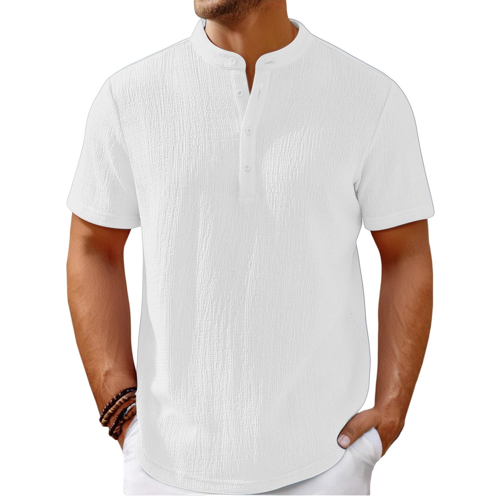 New Men s Retro Linen Striped Henry Shirt Casual Loose Shirt M