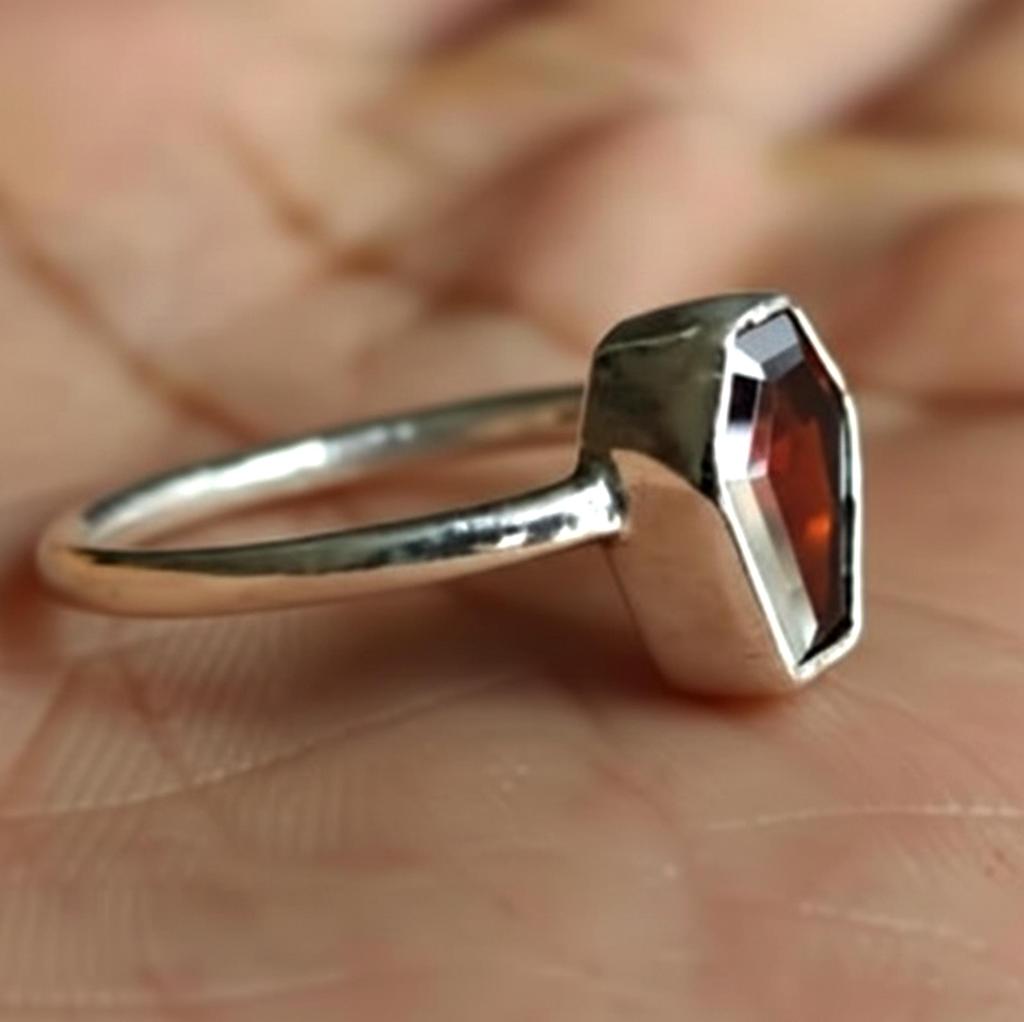 Tiny Coffin Ring, Garnet Ring, 925 Solid Sterling Silver, Handmade Jewelry, Red Gemstone, Women Ring, Gift for Her