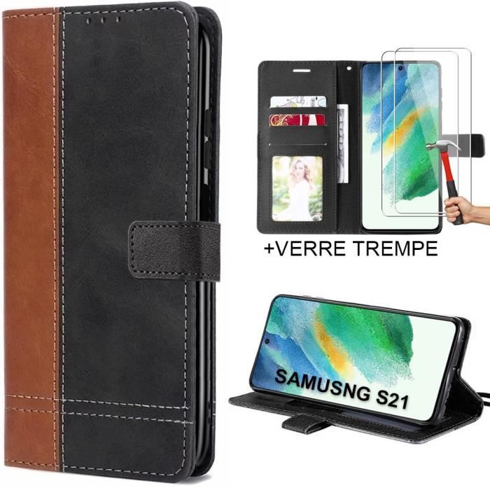 Coque pour Samsung Galaxy S21 FE avec 2 Verres Trempés - Coque Cuir PU Antichoc Marron-Noir