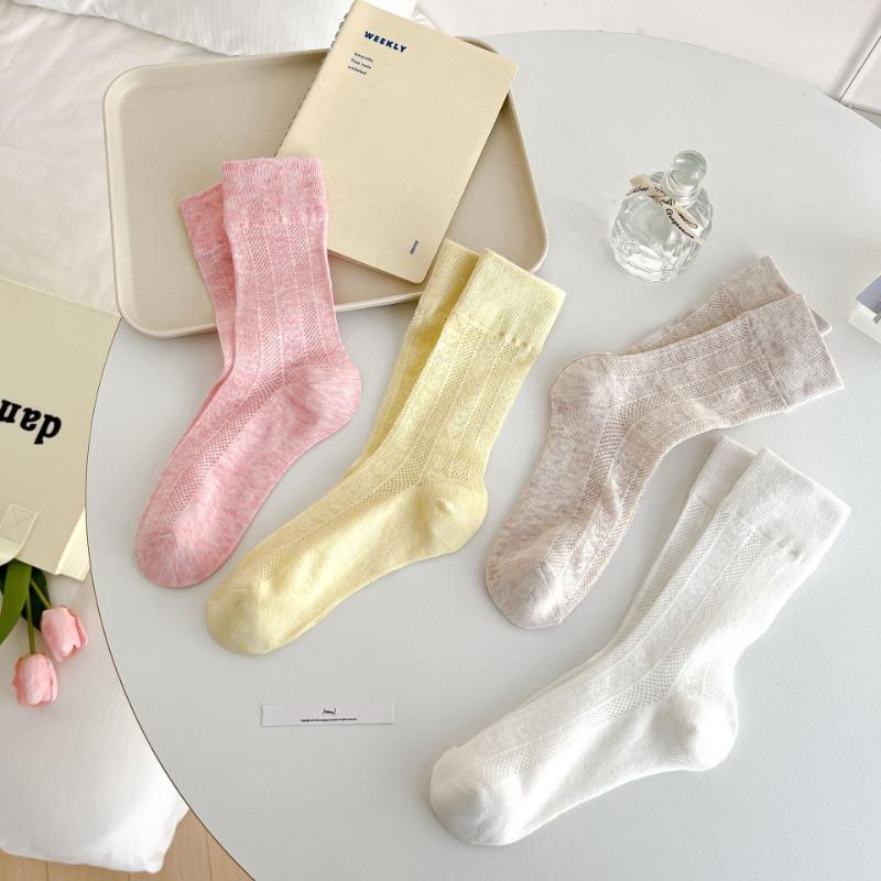Female Summer Thin Pure Color Hollow Mesh Breathable In The Tube Pile Pile Cotton Socks