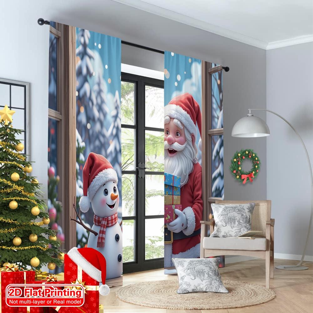 2 Stück 2D Flachdruck Weihnachtsfenstervorhänge Weihnachtsmann Schneemann Winter Weihnachten Polyester Ohne Strom 0 Perfekt für