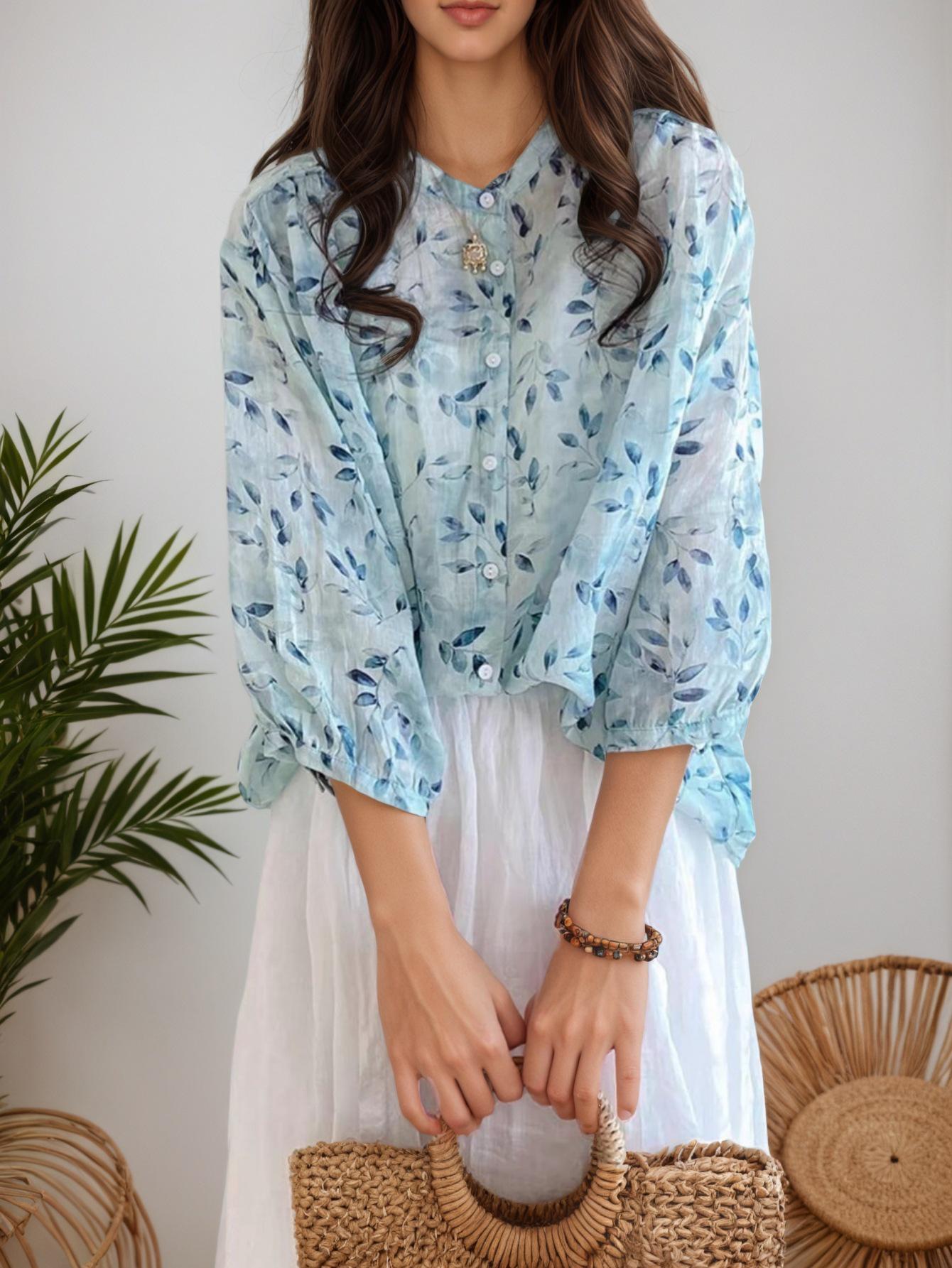 European & American Women s Spring 2026 Printed Seven-Sleeve Loose Shirt - Round Neck, Temperate Style Medium светло-синий