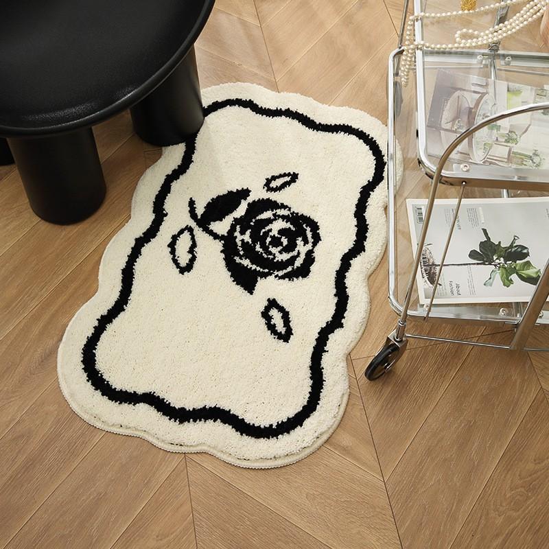 Ins Style Black White Bathroom Absorbent Rug Thick Fluffy Non Slip Bath Mat