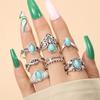 Vintage Hand-decorated Turquoise-carved Diamond-shaped Ring, Fashionable Seven-piece Combination Ring Set for Women