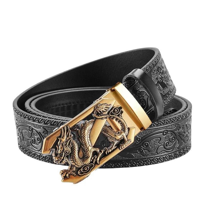 Domineering Tang grass pattern engraved men's automatic imitation copper buckle belt, personalized