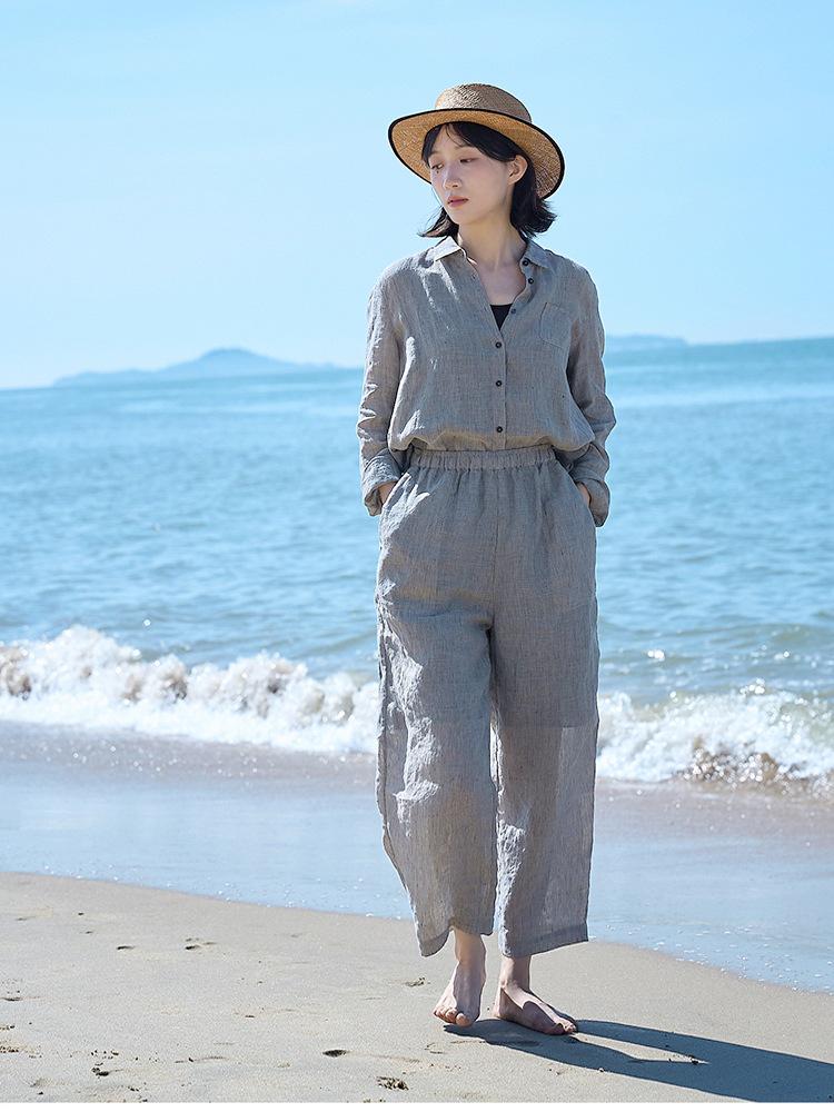 Artistic Black Striped Linen Wide-Leg Pants - Women s Summer Elastic Waist, Thin & Slimming Design L