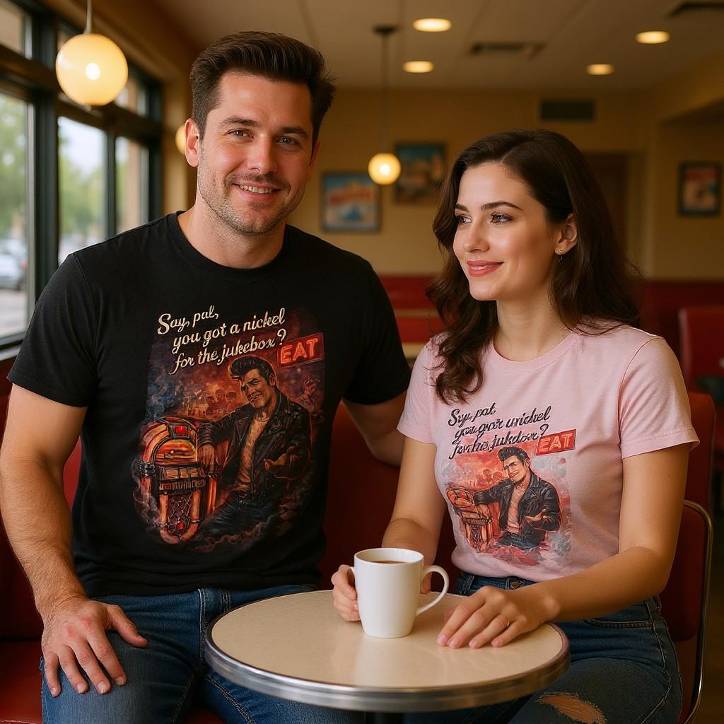 1950s Greaser In a Retro Diner Playing the Jukebox Unisex Graphic Tee 2XL