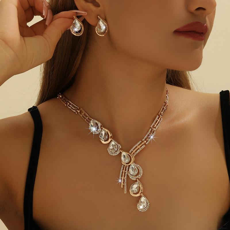 Gold Jewelry Set White Rhinestone Crystal Necklace Earrings Set Women's Jewelry